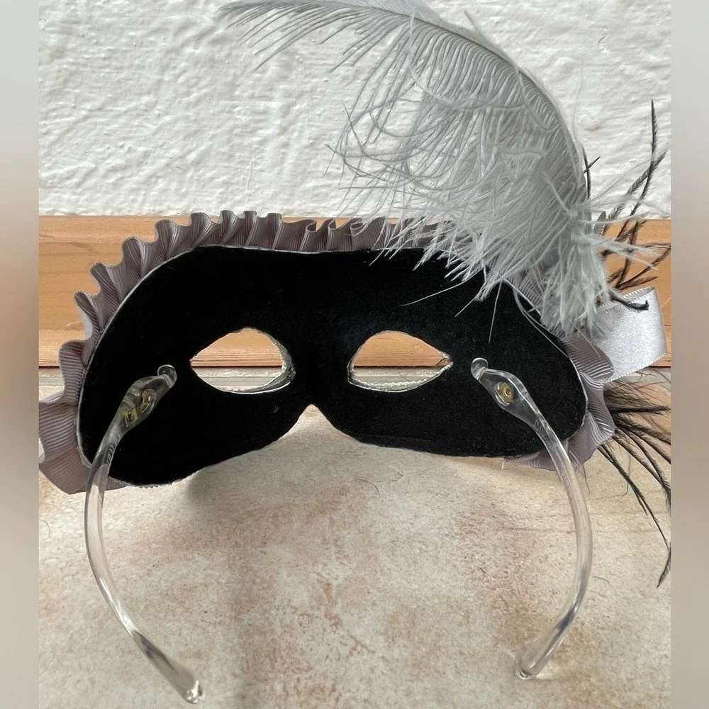 Silver Gray Maya Lulu Beaded Masquerade Woman’s Mask with Side Feather
